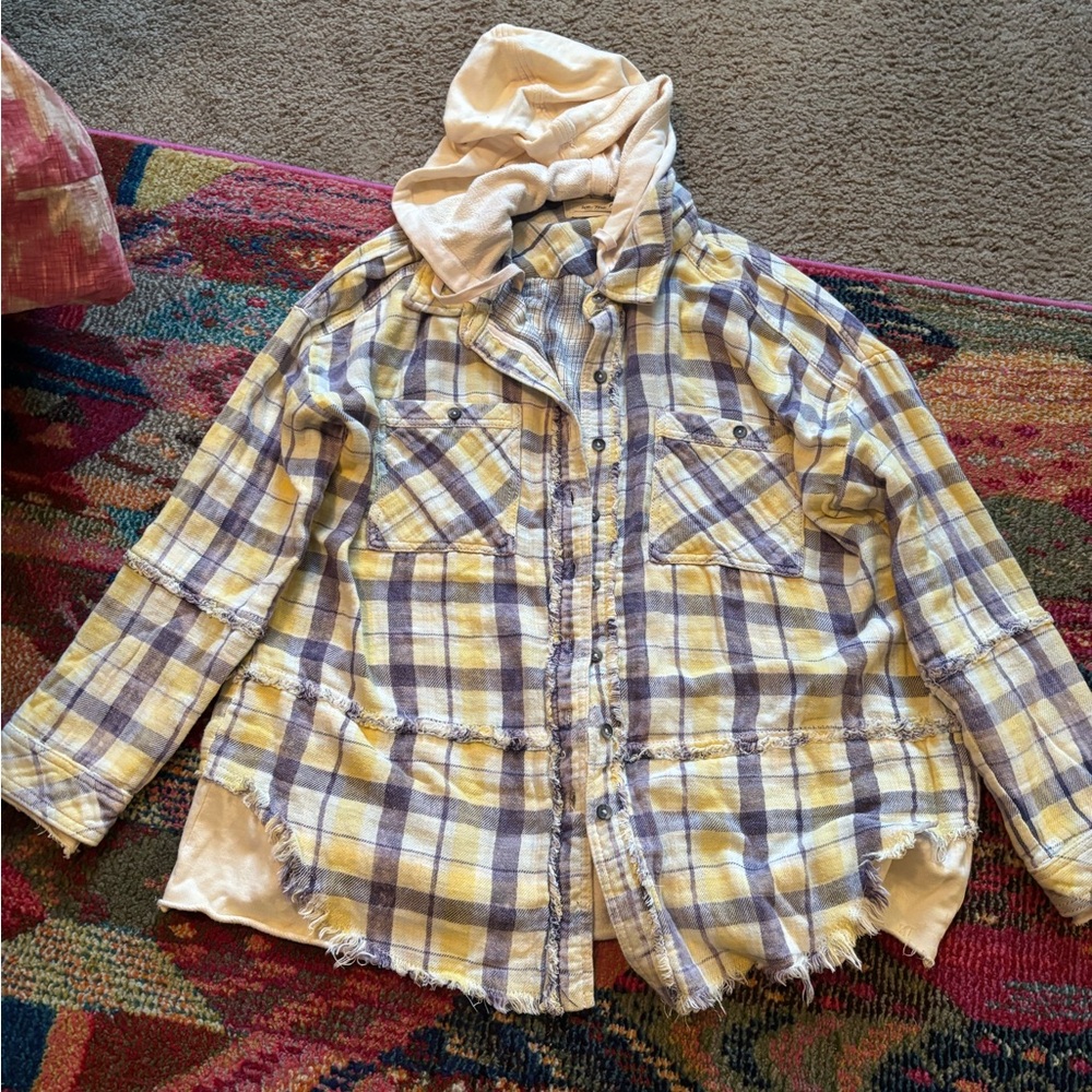 Free People Plaid Hooded Shirt (S)
